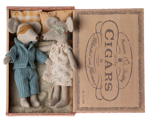 Little mum and dad mice dolls in pyjamas and eyemask with patterned bedding in faux wood cigar box. 