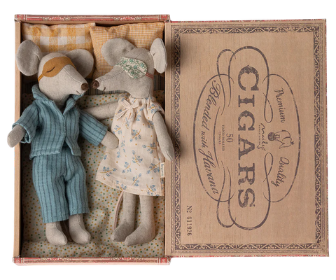 Little mum and dad mice dolls in pyjamas and eyemask with patterned bedding in faux wood cigar box. 