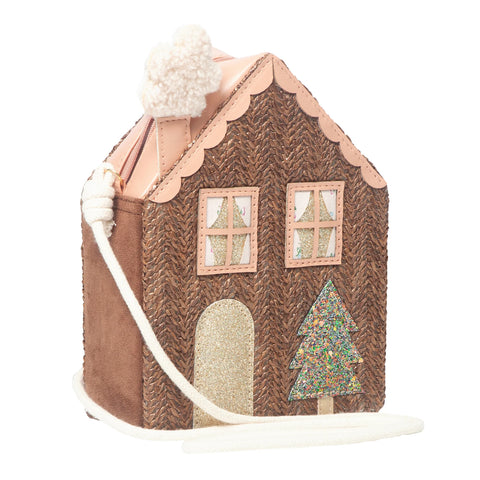 Cabin house shaped bag with faux leather pink loof, textured brown faux leather, brown suede and glitter christmas tree and door, with white shoulder strap