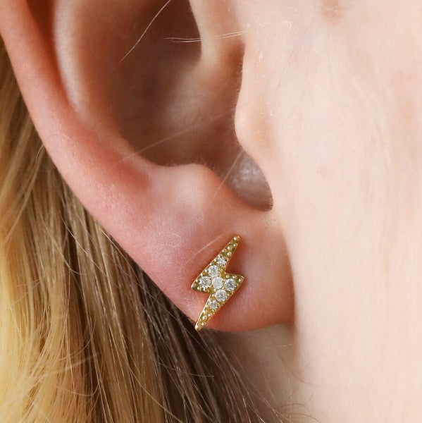 Crystal Lightning Bolt Stud Earrings in Gold