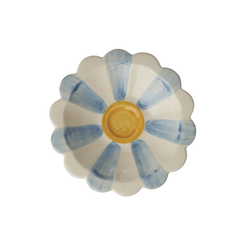 Flower shaped ceramic small dipping bowl with cream and blue stripe with yellow circle in the middle 