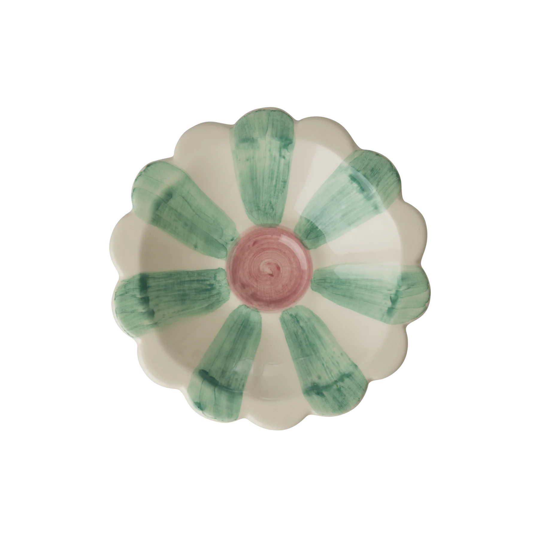 Flower shaped ceramic small dipping bowl with cream and green stripe with pink circle in the middle 