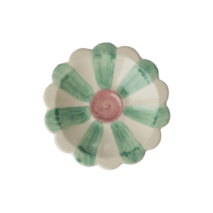 Flower shaped ceramic small dipping bowl with cream and green stripe with pink circle in the middle 