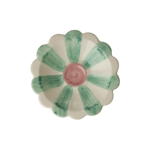 Flower shaped ceramic small dipping bowl with cream and green stripe with pink circle in the middle 