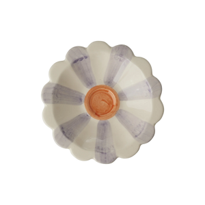 Flower shaped ceramic small dipping bowl with cream and lavendar stripe with orange circle in the middle 