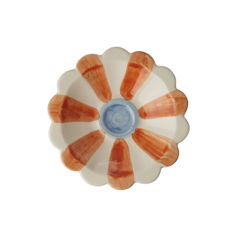 Flower shaped ceramic small dipping bowl with cream and orange stripe with blue circle in the middle 