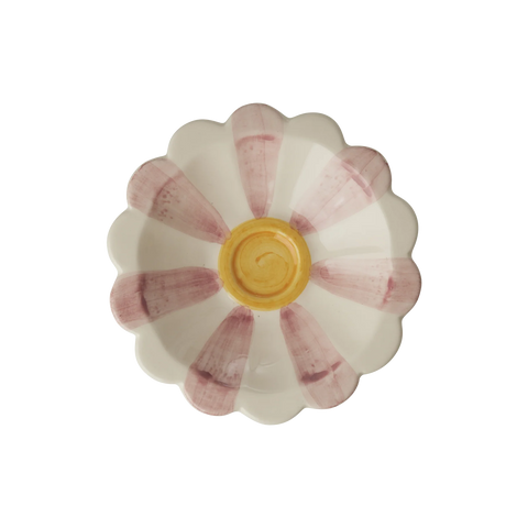 Flower shaped ceramic small dipping bowl with cream and pink stripe with yellow circle in the middle 