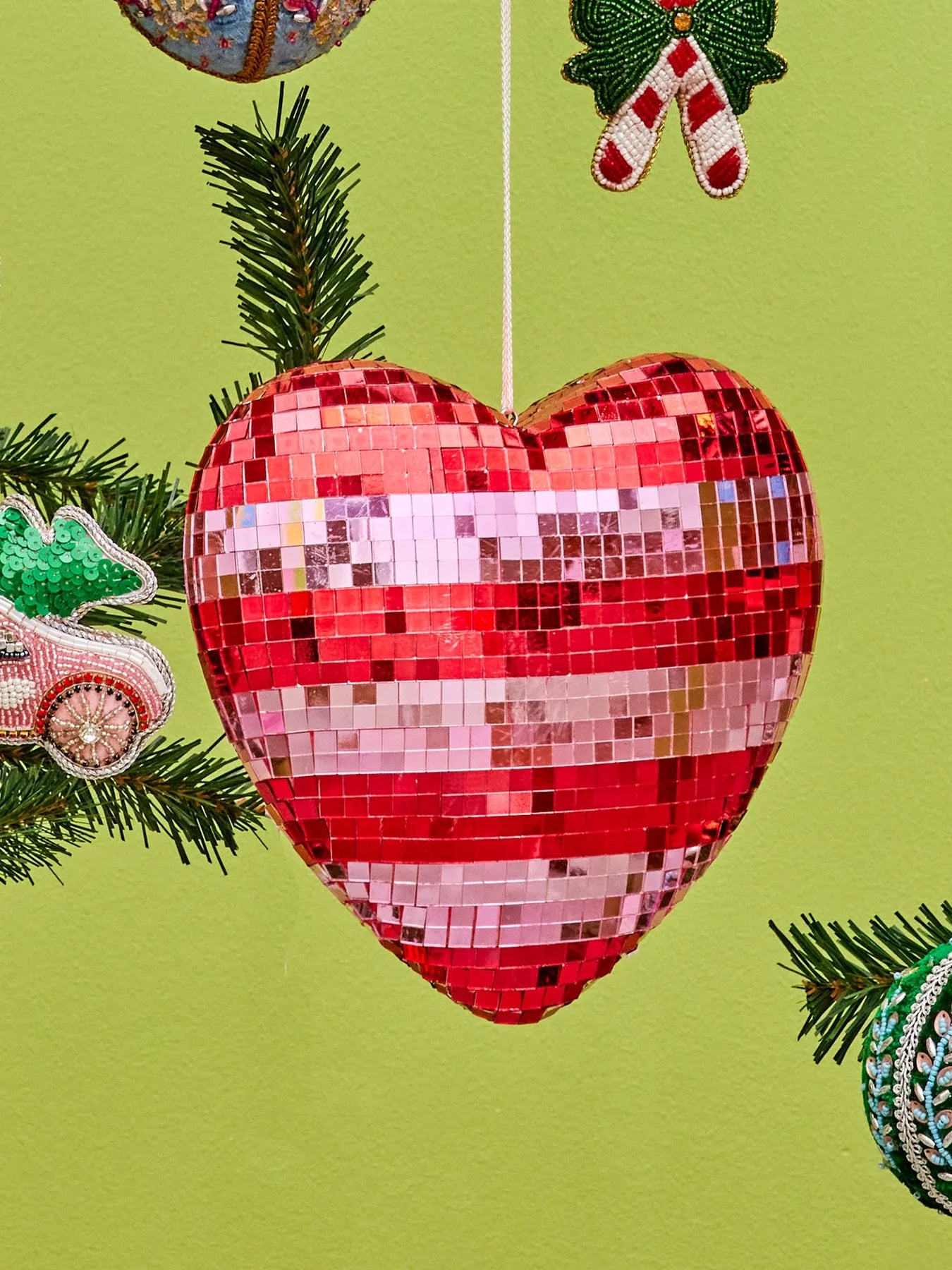 Love heart shaped pink and red stripe disco ball ornament for Christmas tree 