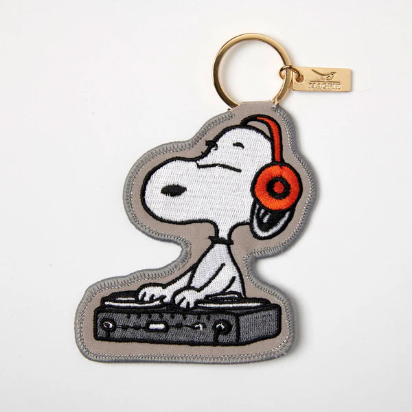 Embroidered applique key charm  in grey with Peanuts Snoopy DJ ing with red headphone