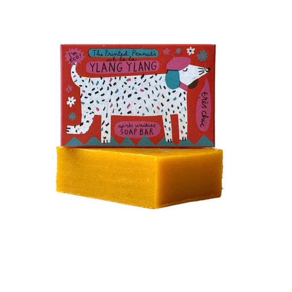 Ylang Ylang Soap bar with french dog illustration in red and yellow soap