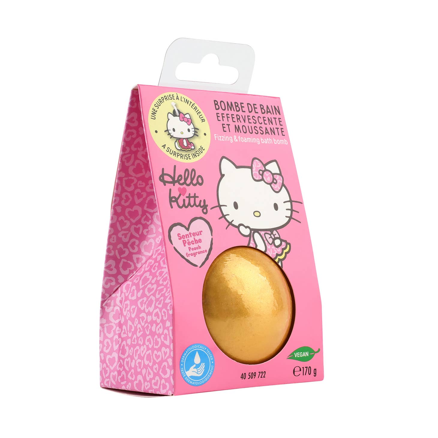 gold bath bomb in a pink hello kitty packaging