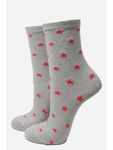 Womens Glitter Socks Light Grey Star