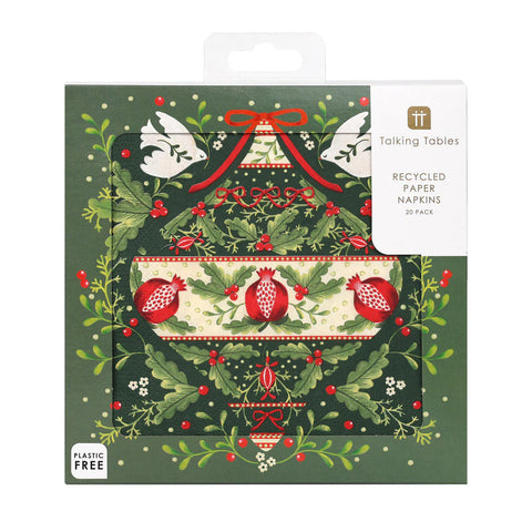 A set of 20 paper napkins with red and green christmas illustrations in a matching box