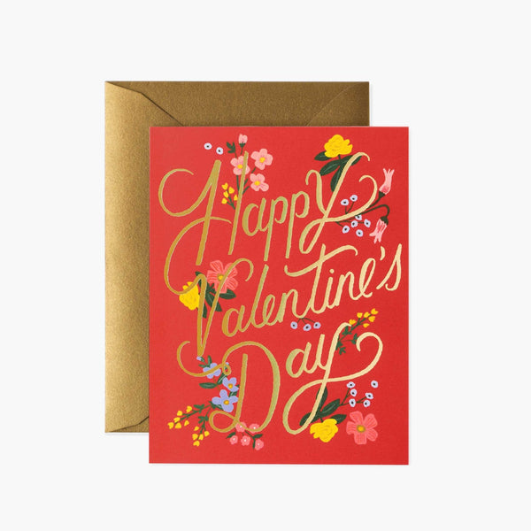 Happy Valentine's Day greeting card in red with flower illustration and gold writing with gold envelope
