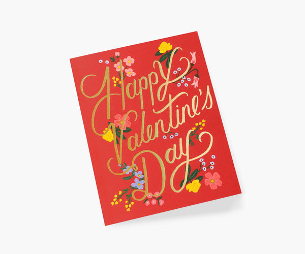 Happy Valentine's Day greeting card in red with flower illustration and gold writing with gold envelope