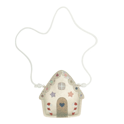 Gingerbread house shaped bag with gold faux leather and glitter decoration, with white shoulder strap