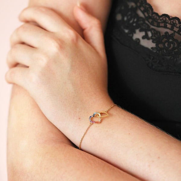 Interlocking Rainbow Crystal Heart Bracelet in Gold