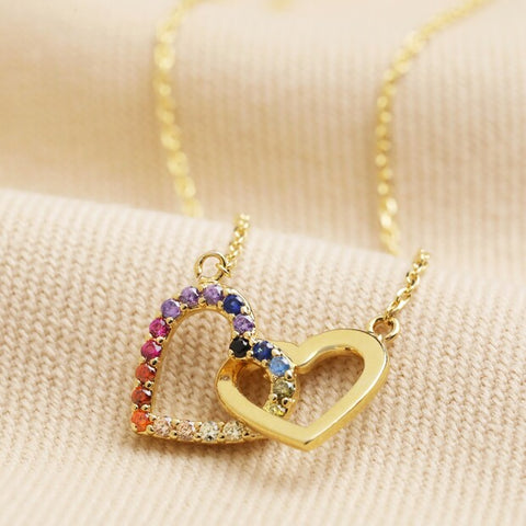 Interlocking Rainbow Crystal Hearts Necklace in Gold