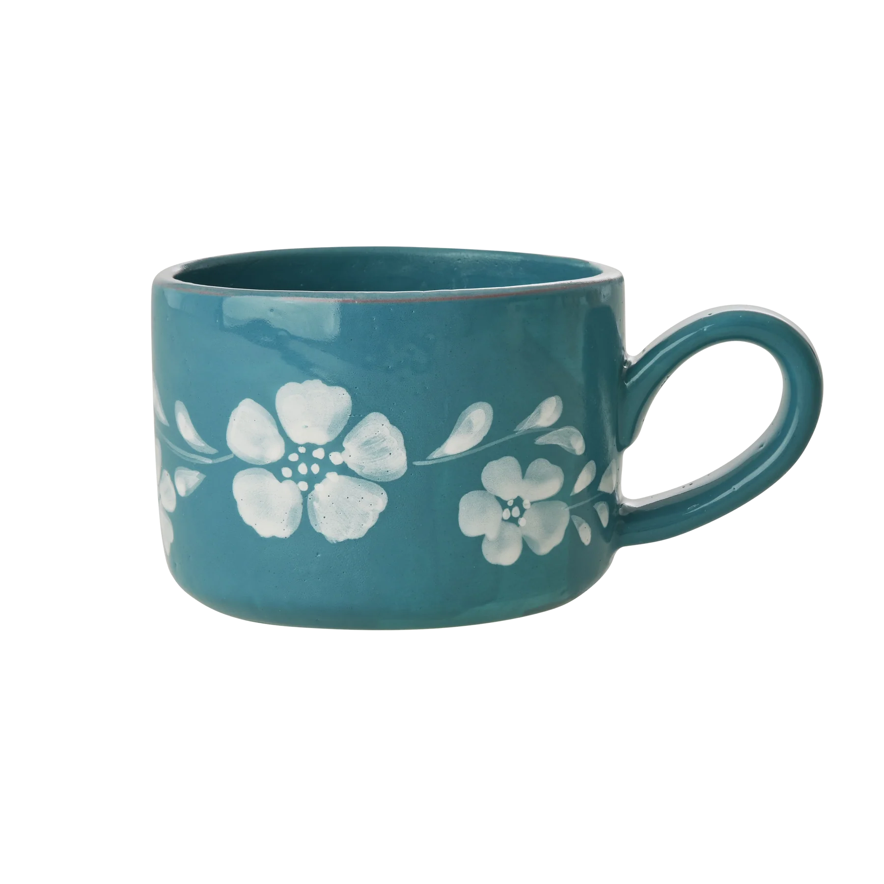 Ceramic Cappuccino Cup in jade green with handpainted white flowers 