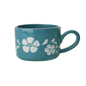 Ceramic Cappuccino Cup in jade green with handpainted white flowers 