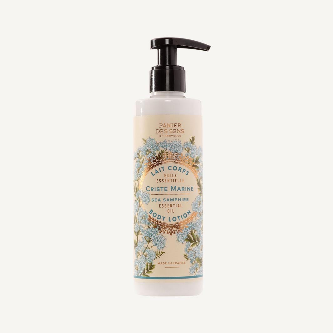 Sea Samphire body lotion in a bottle with blue flower illustration and black pump