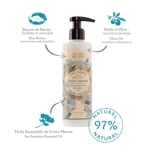 Sea Samphire body lotion in a bottle with blue flower illustration and black pump