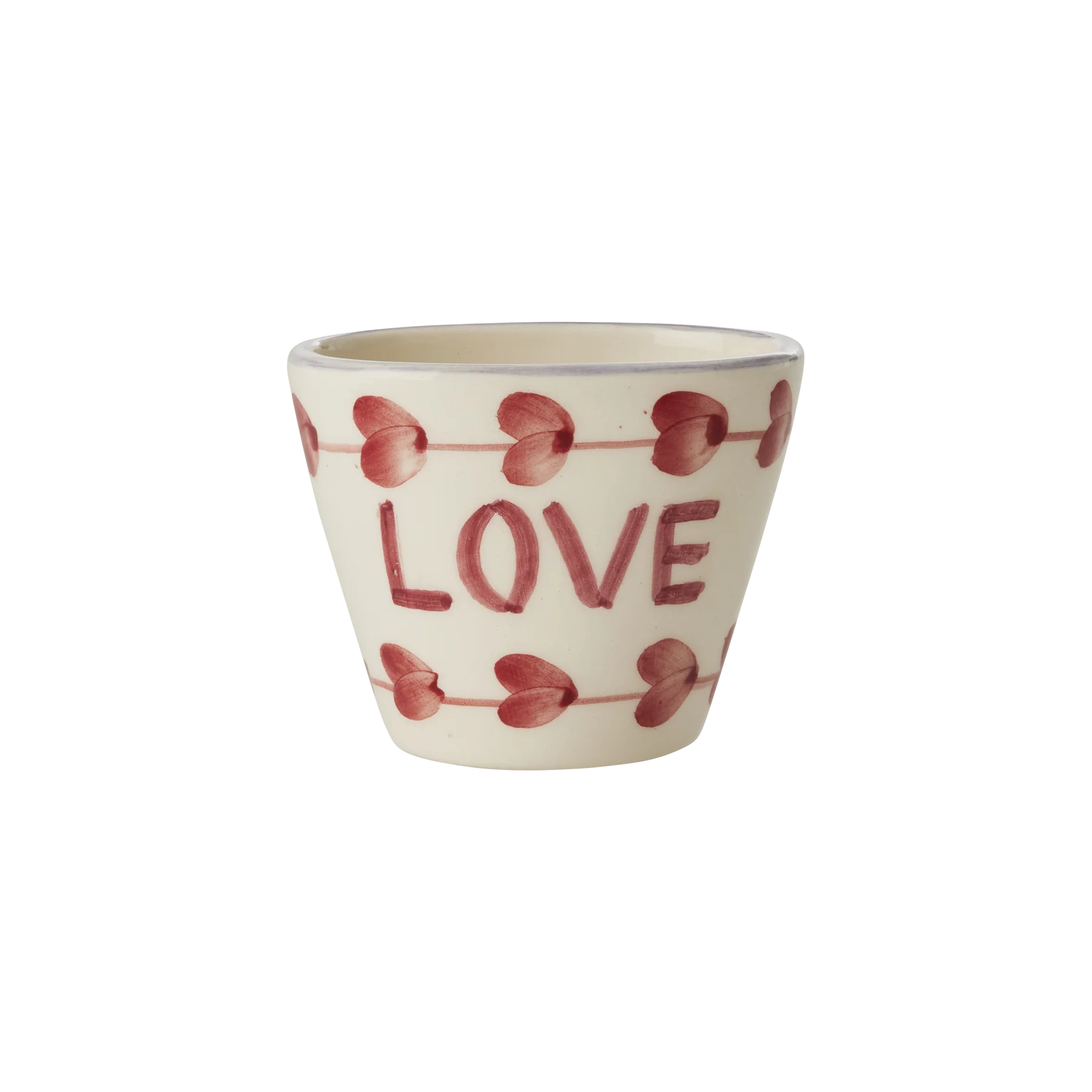 Small Oval Ceramic Espresso Cup in cream with hand painted LOVE and love hearts in red