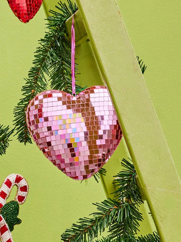 Love heart shaped pink disco ball ornament for Christmas tree 