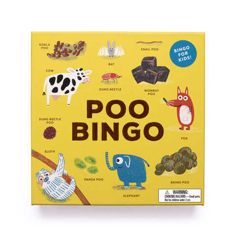 Poo Bingo game in a yellow box with illustrations of animals and poos