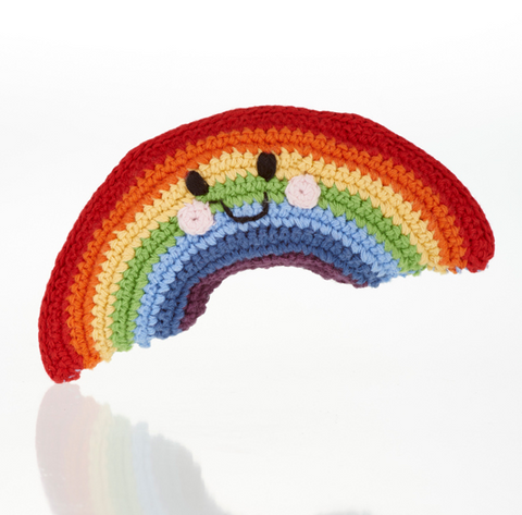 organic cotton crochet rainbow rattle with a smiley facee 