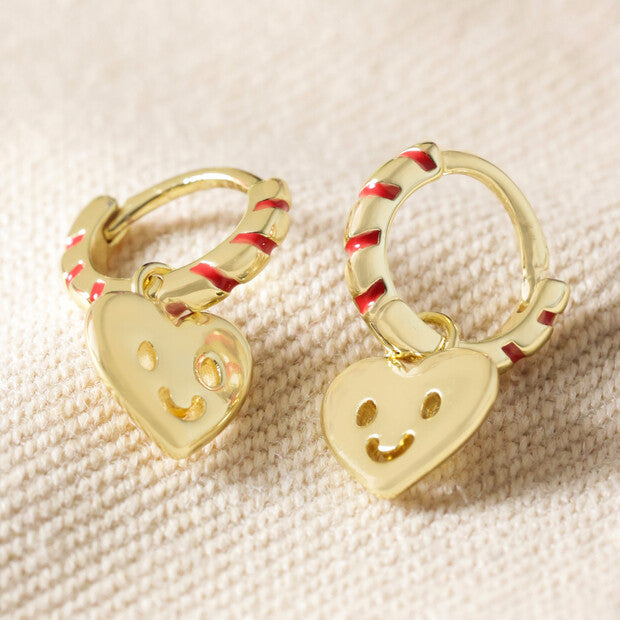 Red and Gold Heart Face Huggie Hoop Earrings