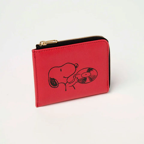 Red coin purse with an illustration of snoopuy holding a record and black and gold zip