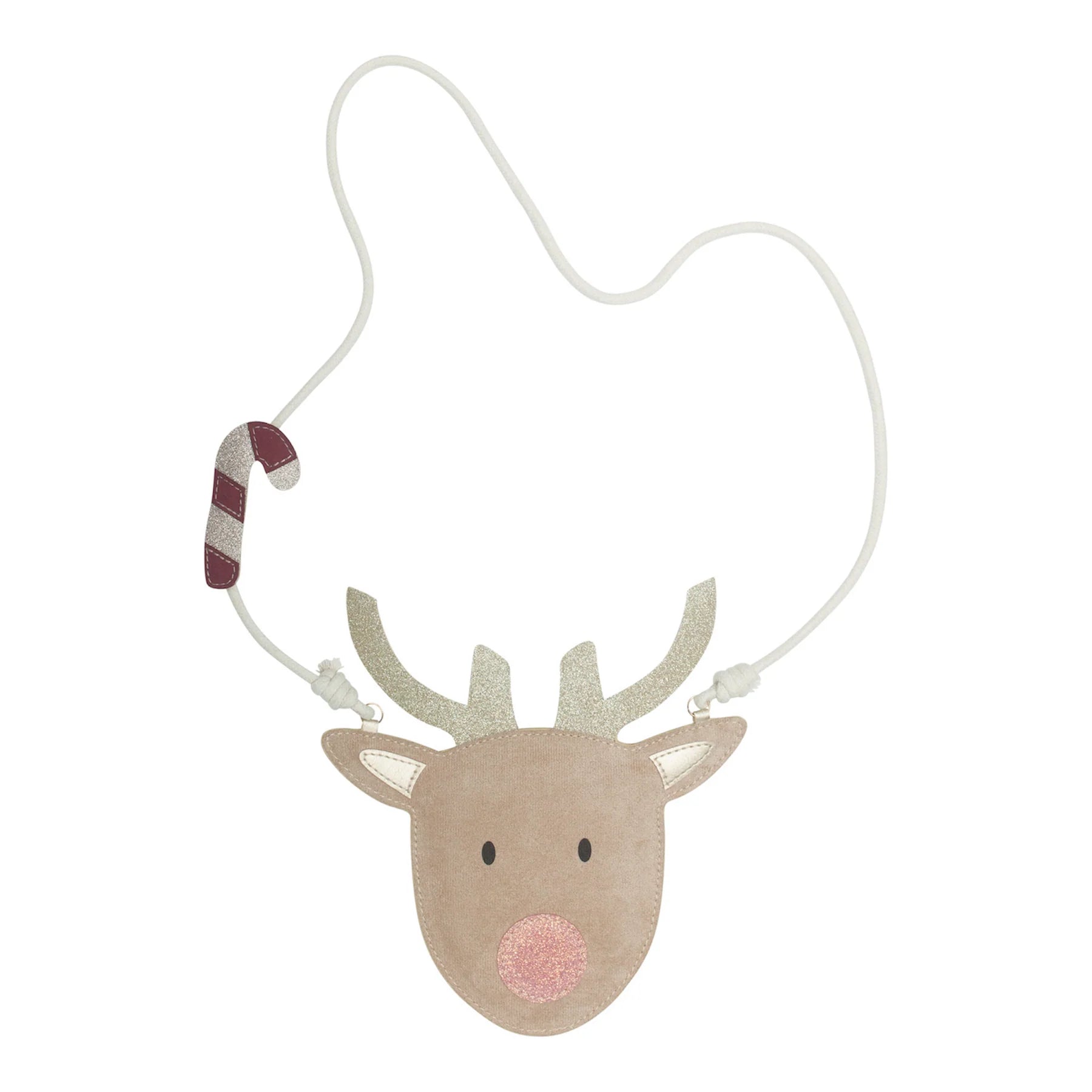 Faux suede beige reindeer head shaped bag with glitter antlers and a pink glitter nose, with white shoulder strap and candycane motif