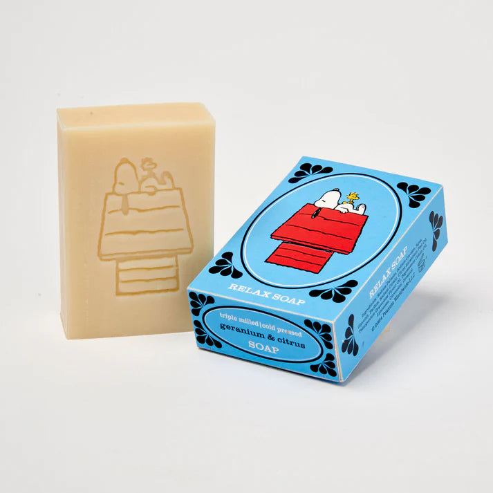 Soap bar with Snoopy and woodstock lying on his house engraved, with a blue box with the same illustration