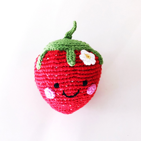 organic cotton crochet strawberry baby rattle with smiley face
