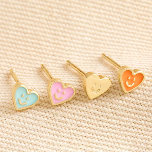 Set of 4 Mismatched Heart Face Stud Earrings in Gold