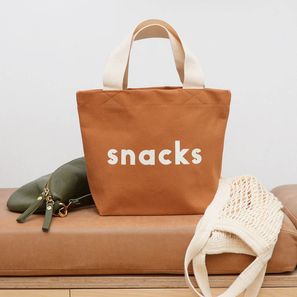 Small brown cotton canvas tote bag with Snacks printed and white handle