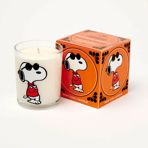 Bergamot & Clary Sage scented candle in a glass jar with Snoopy wearing sunglasses and red top illustration, with a orange box with the same illustration 