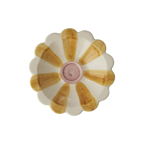 Flower shaped ceramic small dipping bowl with cream and yellow stripe with pink circle in the middle 