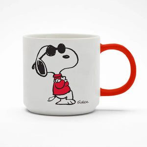white ceramic mug with snoopy wearing sunglasses and red top, with red handle