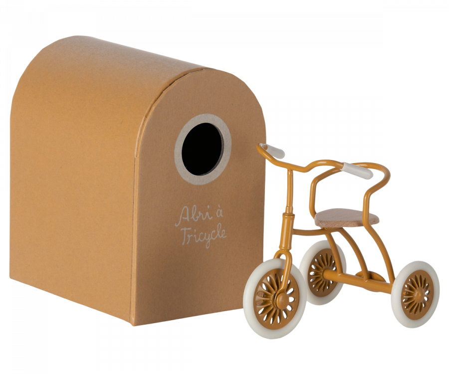 Maileg toy tricycle in mustard yellow with a garage box to fit Maileg mice dolls.