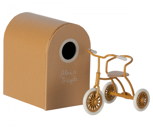 Maileg toy tricycle in mustard yellow with a garage box to fit Maileg mice dolls.