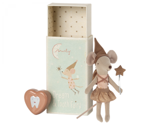 a little mouse tooth fairy doll in pink and gold outfit, holding gold star wand, with pink tin for teeth and light green matchbox with an illustration  