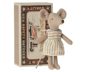 Stuffed beige linen mouse doll in colourful strip dress, comes in a matchbox