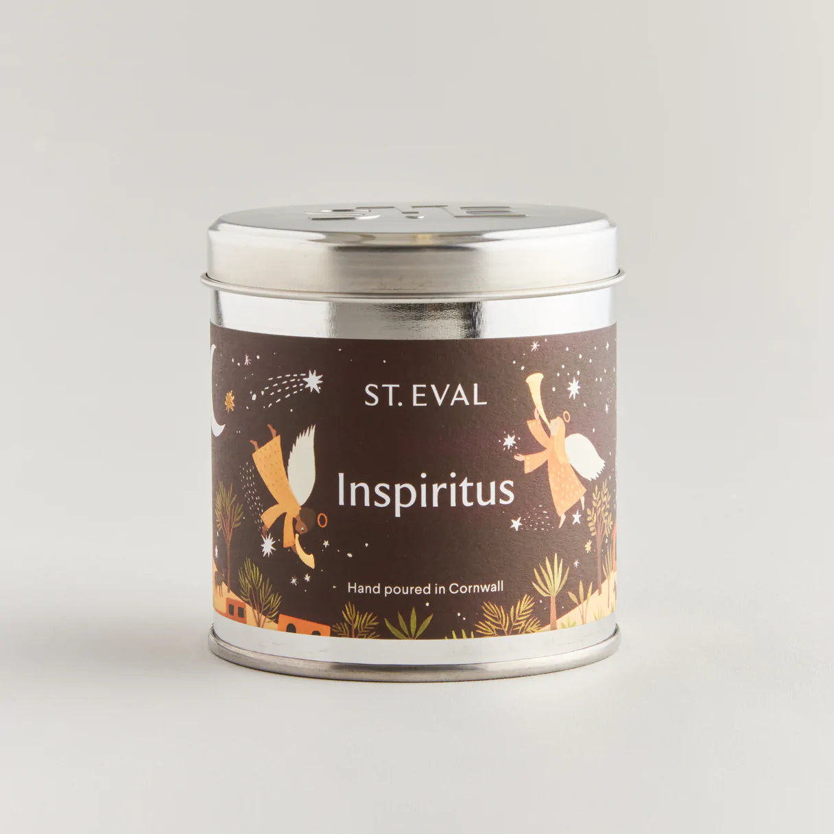 Inspiritus scented candle in a silver tin with christmas design label