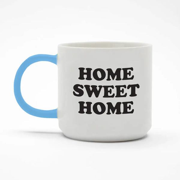 white ceramic mug with HOME SWEET HOME slogan, with blue handle