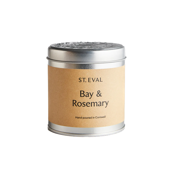 Bay& Rosemary scented candle in silver tin with a lid. 