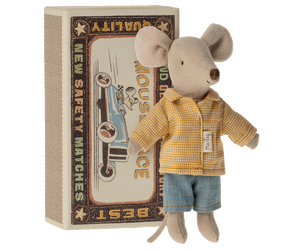 Beige linen mouse doll in yellow gingham shirt and denim trousers, comes in match box