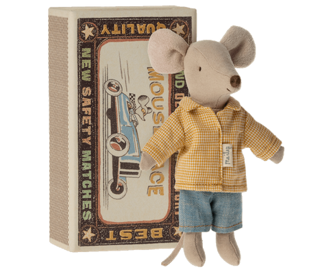 Beige linen mouse doll in yellow gingham shirt and denim trousers, comes in match box
