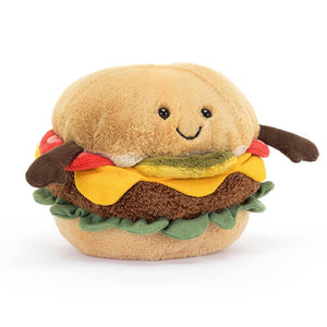 Plush burger doll made with soft faux fur fleece and corduroy fabric. Smiley face and little arms. Cuddly soft toy.